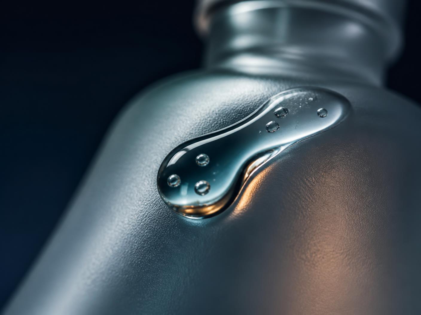 Macro di una goccia di siero su vetro, luce naturale radente