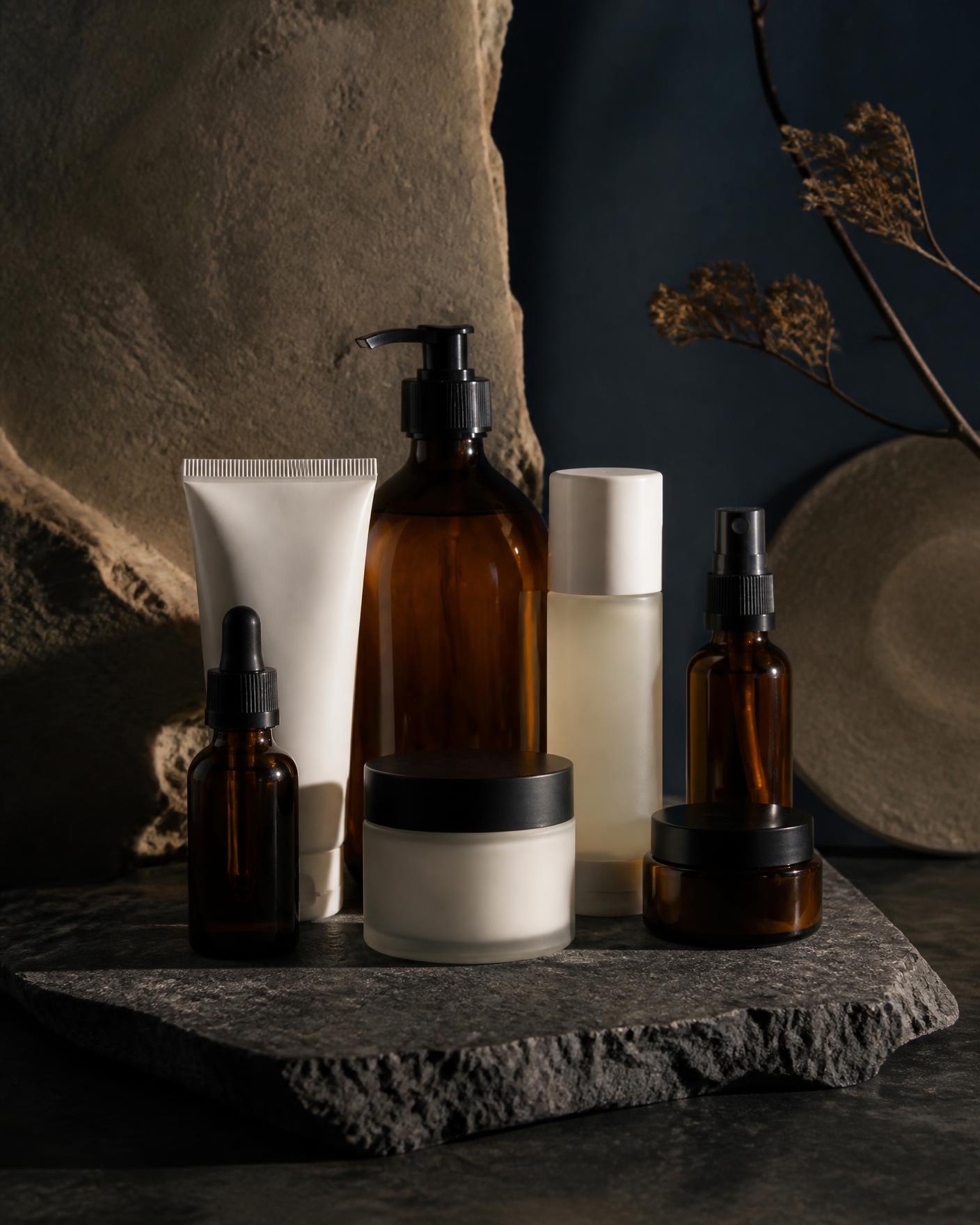 Still life di flaconi e vasetti cosmetici professionali