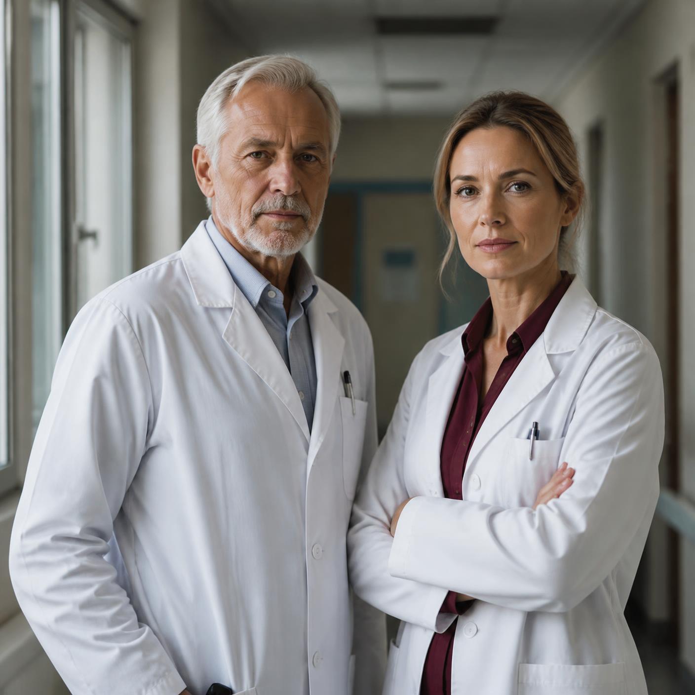 Due professionisti in camice bianco analizzano immagini cliniche della pelle su un tavolo di lavoro