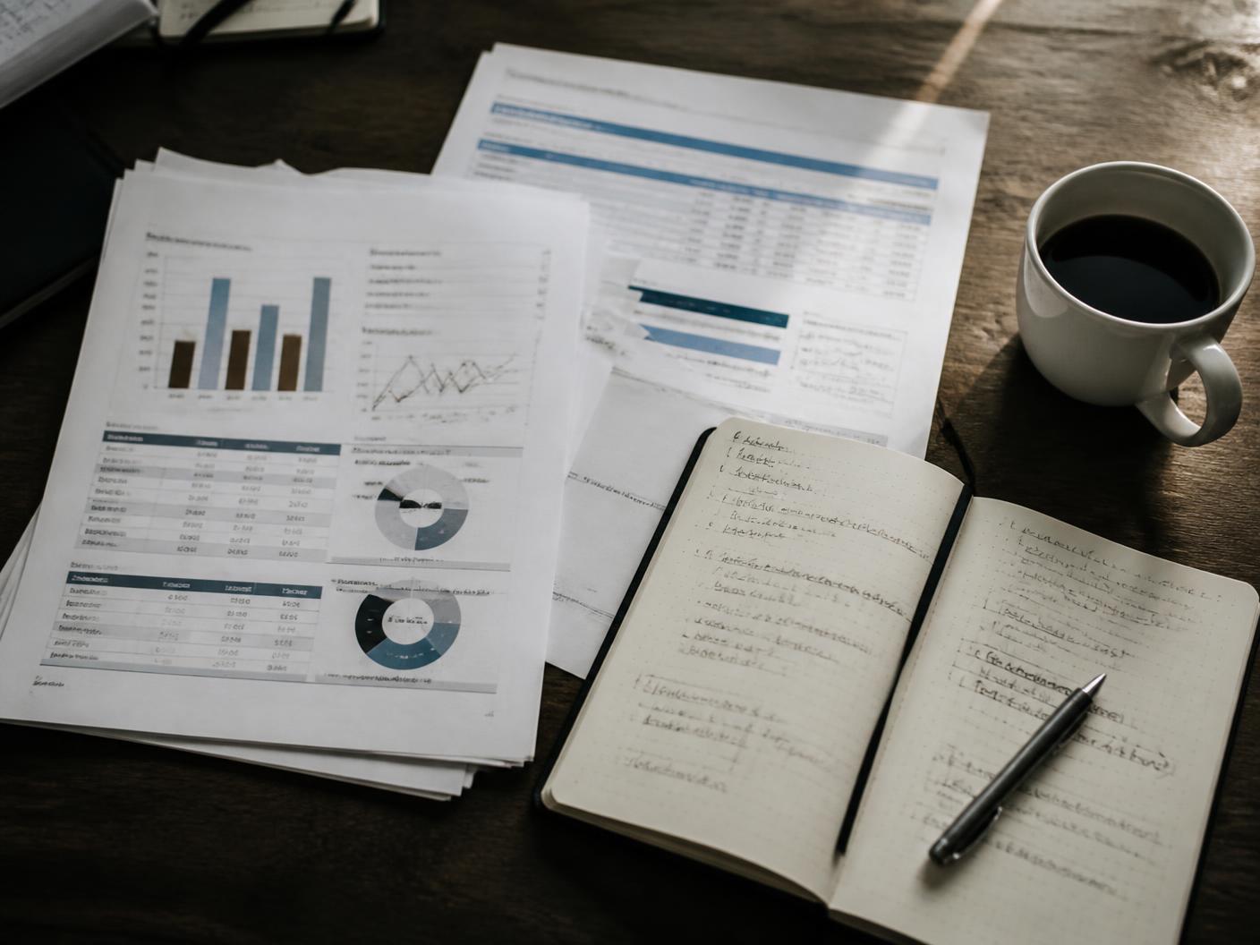 Scrivania di lavoro con grafici stampati, taccuino e penna