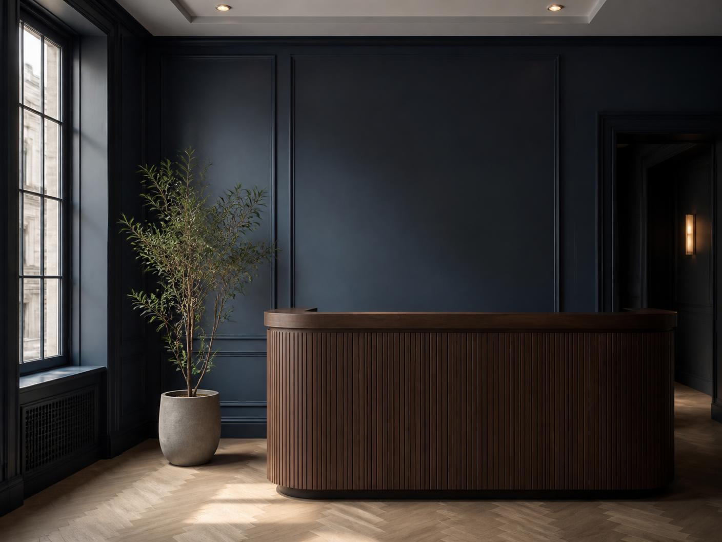 Reception di uno showroom luxury con bancone in travertino e dettagli in rame